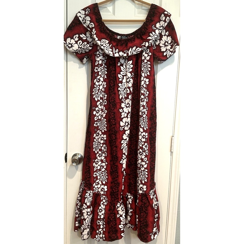 Vtg Royal Creations Hawaiian Muumuu Off Shoulder Red Hibiscus Long Dress Sz M